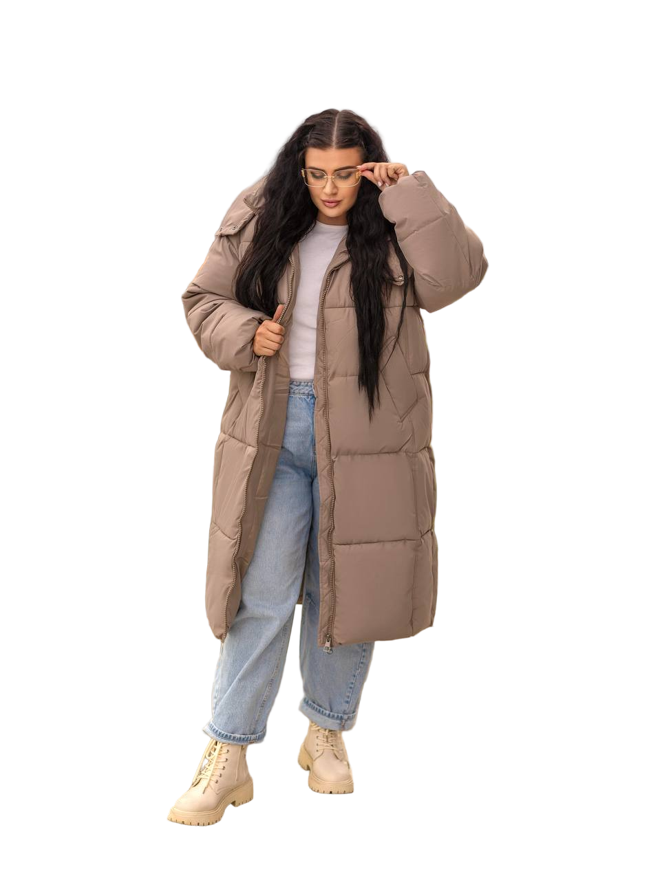 Taupe Oversized Puffer Coat High Collar Removable Hood Water Resistant Winter Jacket