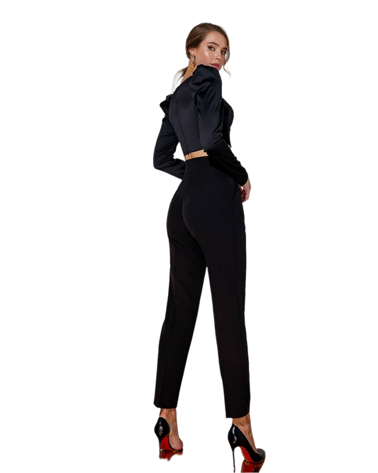 Woman wearing a black outfit on a white background