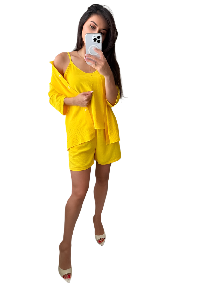 Summer Lightweight Three-Piece Suit Yellow Shorts Tank Top Shirt Set