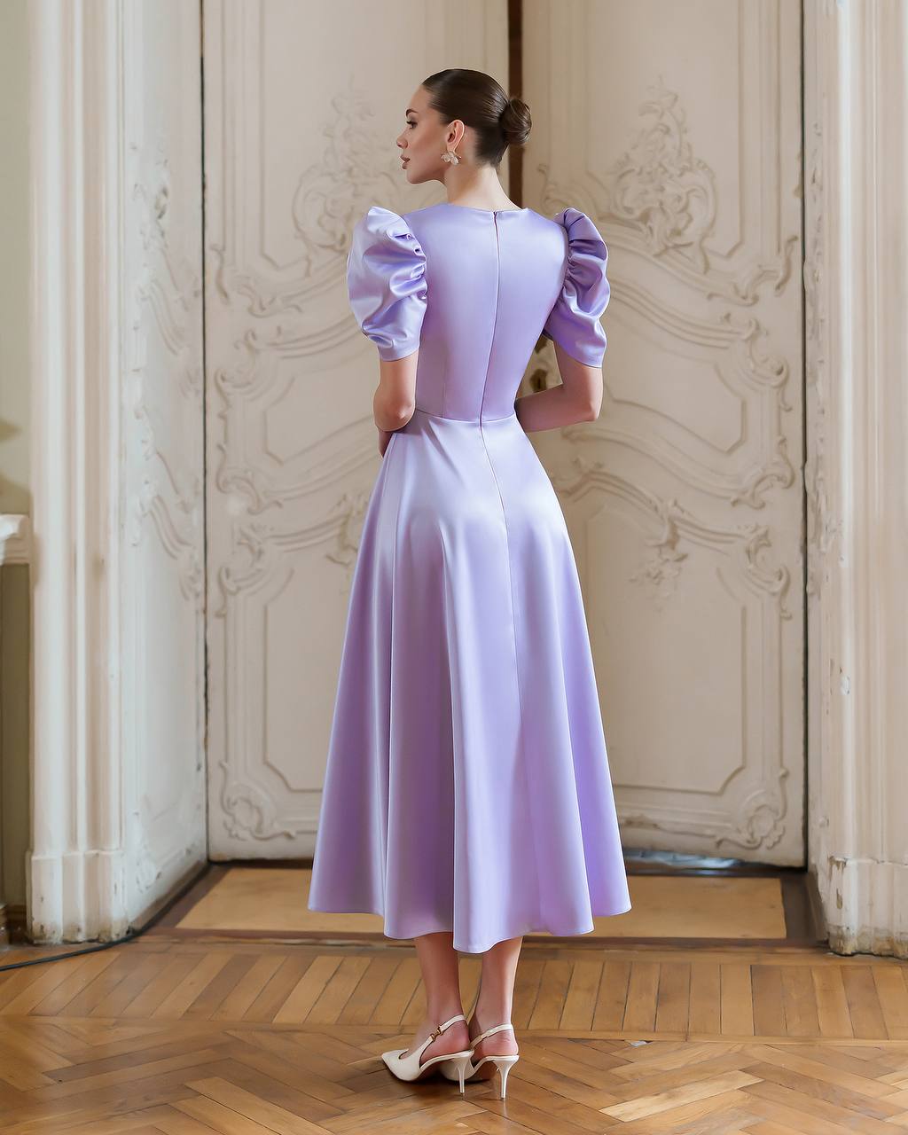 Elegant Puff Sleeve Satin Midi Dress in Lavender