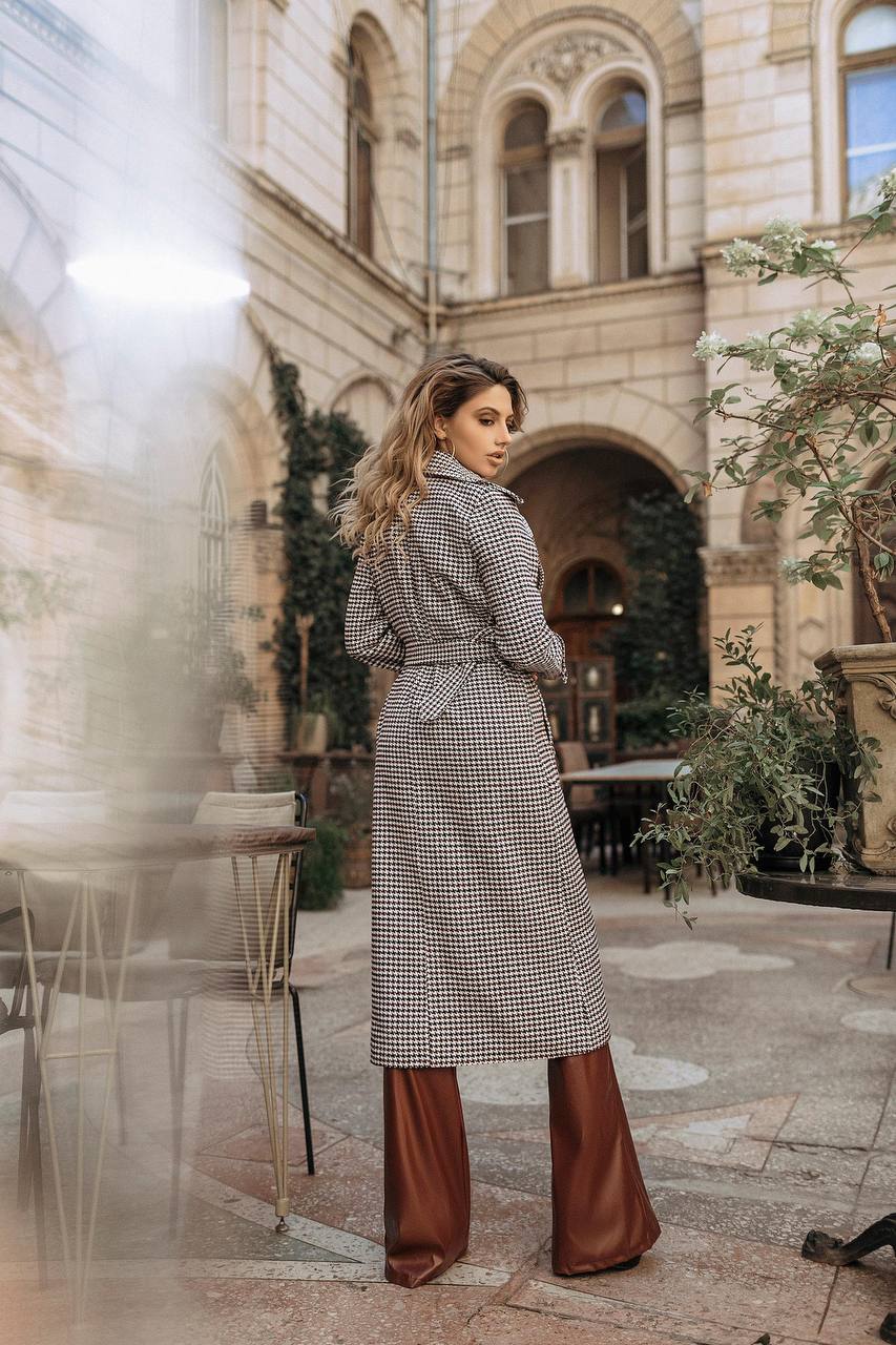 Womens Turkish Fabric Houndstooth Pattern Coat Long Trench Style Belted