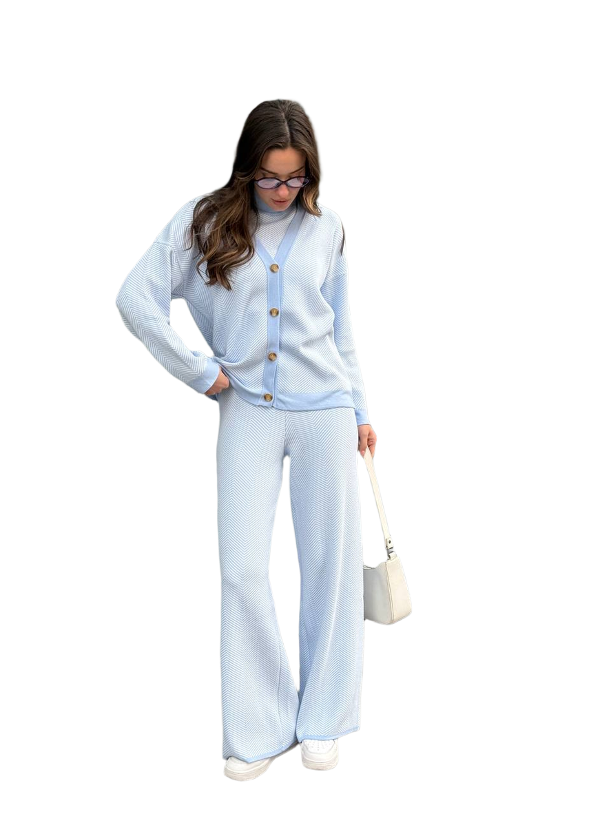 Stylish Women's Three-Piece Knit Set Cardigan Top Pants Light Blue