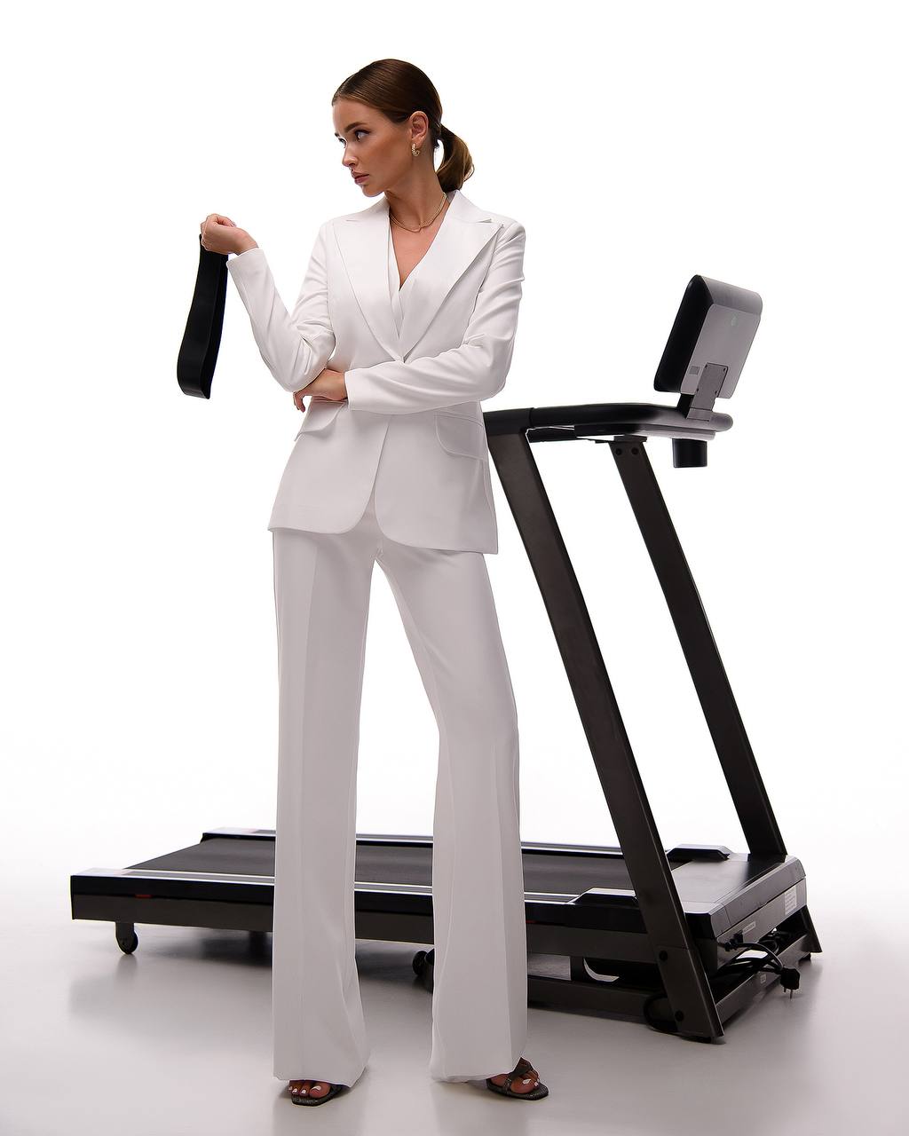 Womens Premium Diagonal Crepe Suit with Satin Collar in White