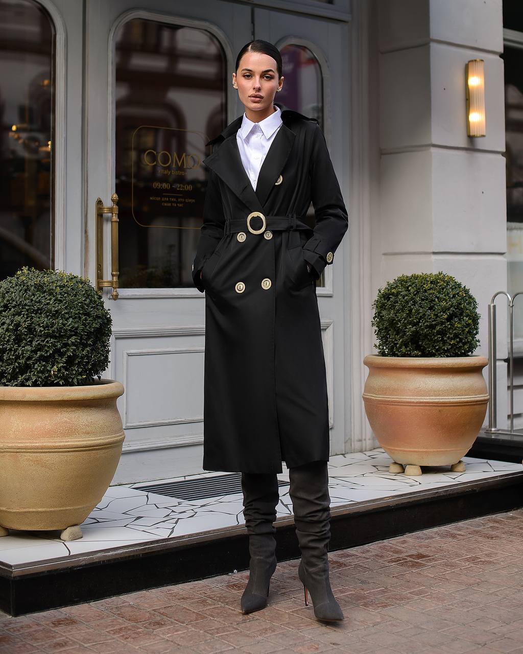Stylish Black Trench Coat for Women with Belt and Pockets