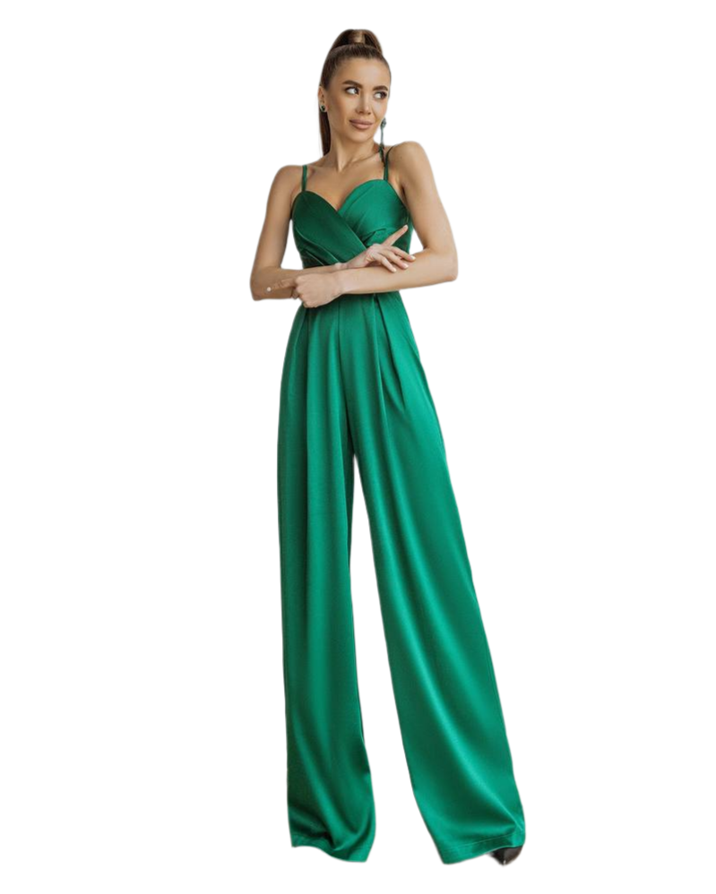 Women Mango Satin Jumpsuit Wide Leg Strappy Emerald Green