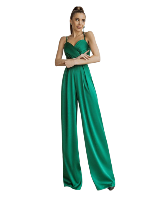 Women Mango Satin Jumpsuit Wide Leg Strappy Emerald Green