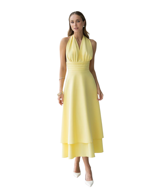 Elegant Yellow Halter Neck Dress in Premium Diagonal Suiting Crepe
