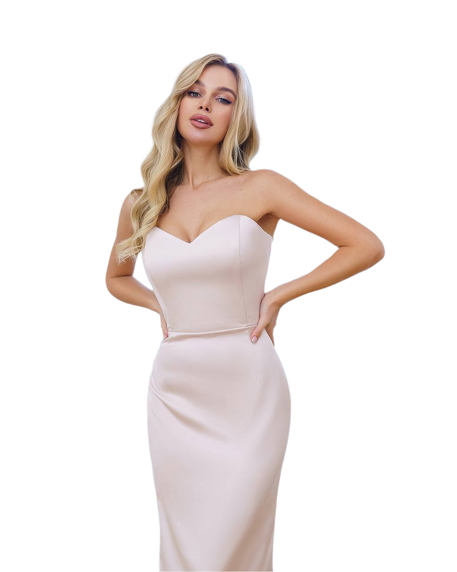 Woman wearing a strapless white dress on a white background