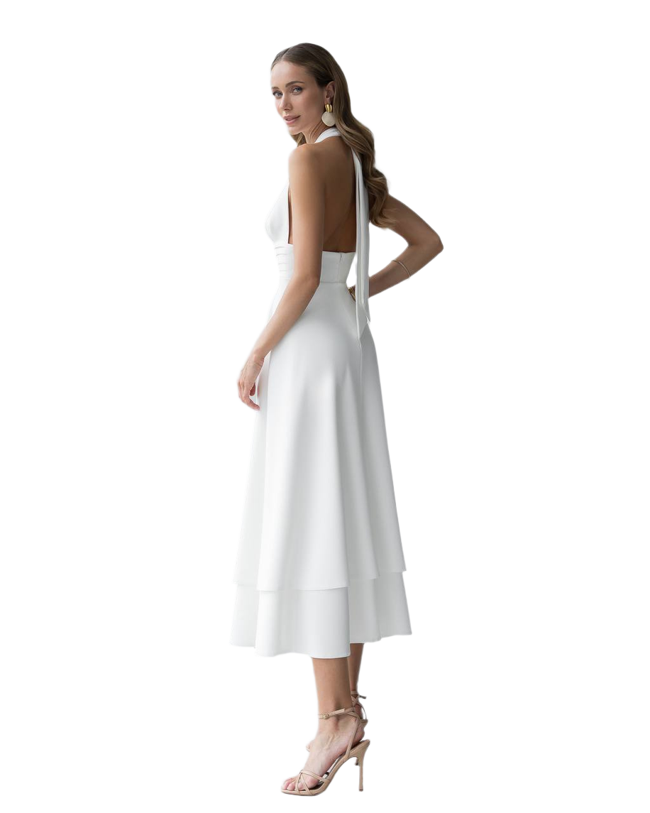 Elegant White Halter Neck Premium Crepe Dress for Women
