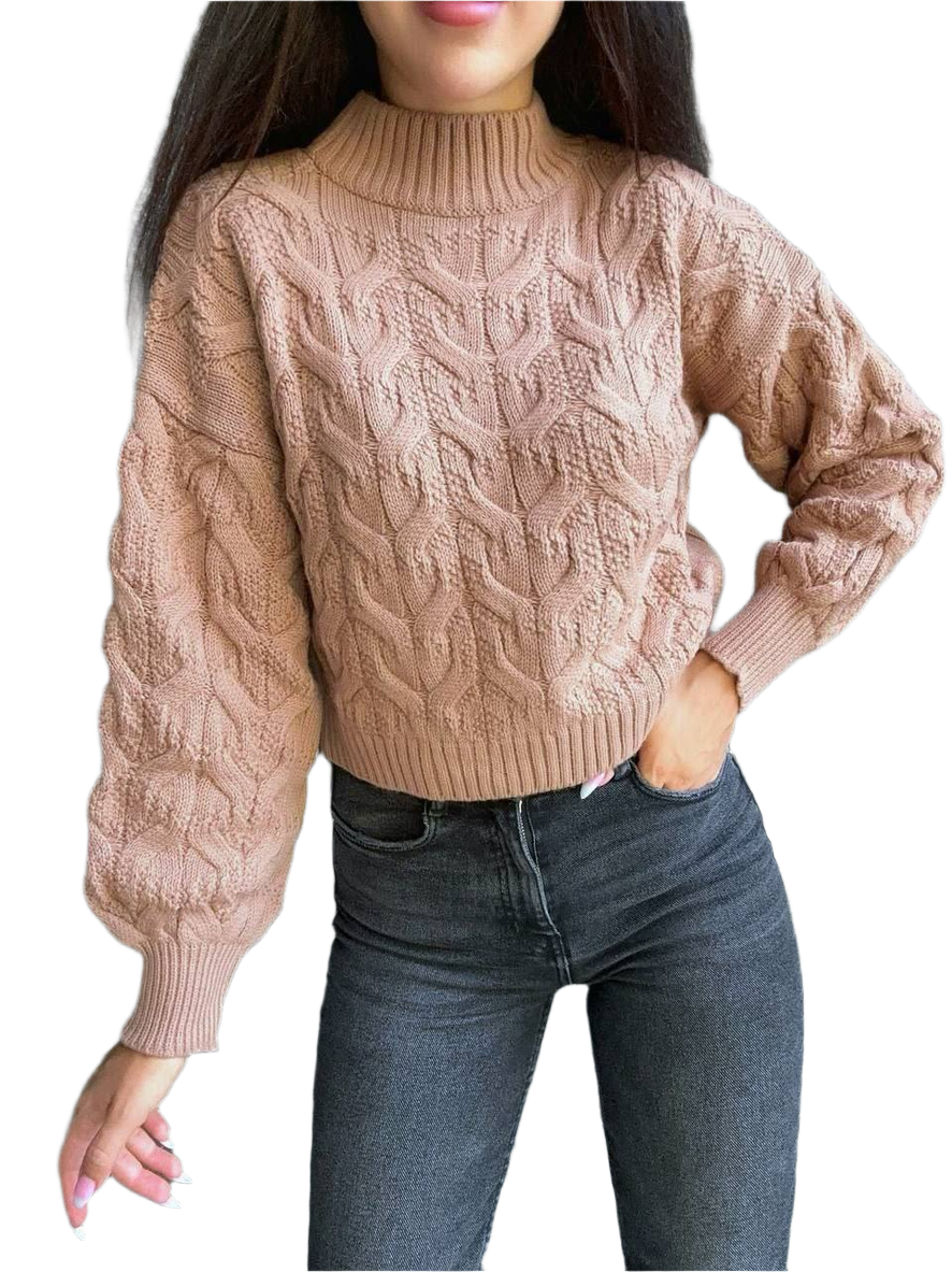 Womens Short Cable Knit Sweater Frank Long Sleeve Cropped Pullover