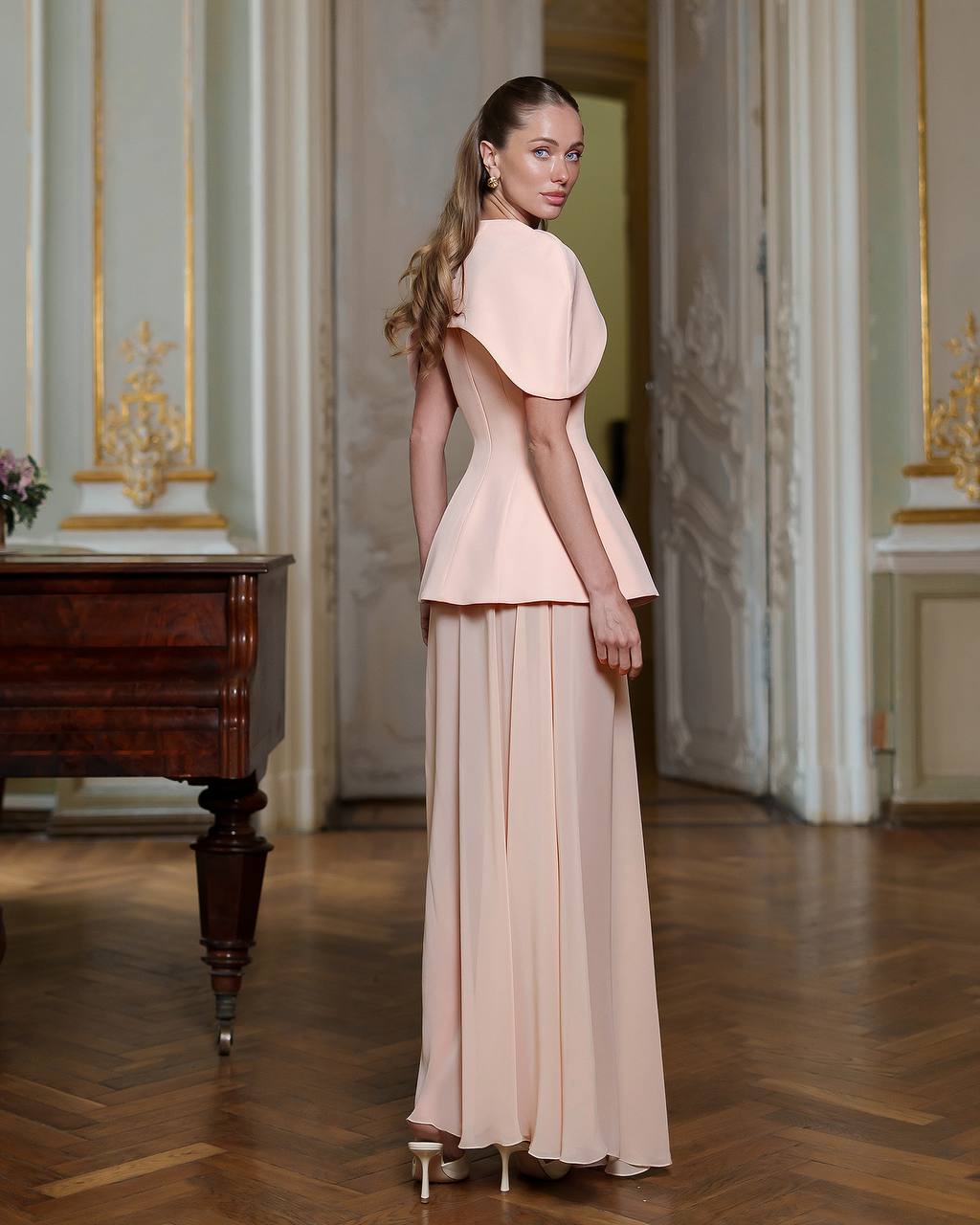 Elegant Corset Dress Set with Skirt and Cape in Premium Diagonal Suiting Crepe and Windy Chiffon