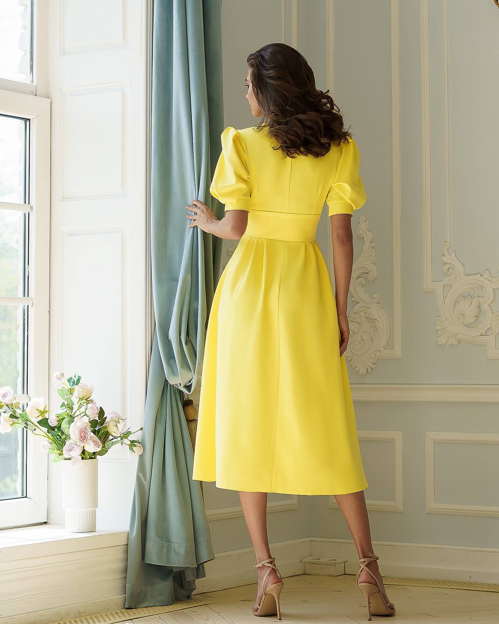 Elegant Yellow Midi Dress Women Premium Crepe Fabric
