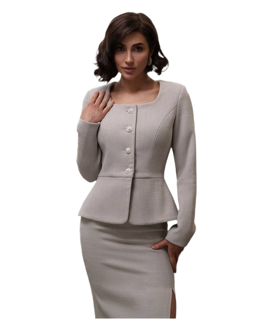 Women's Tweed Suit with Jacket and Skirt in Beige