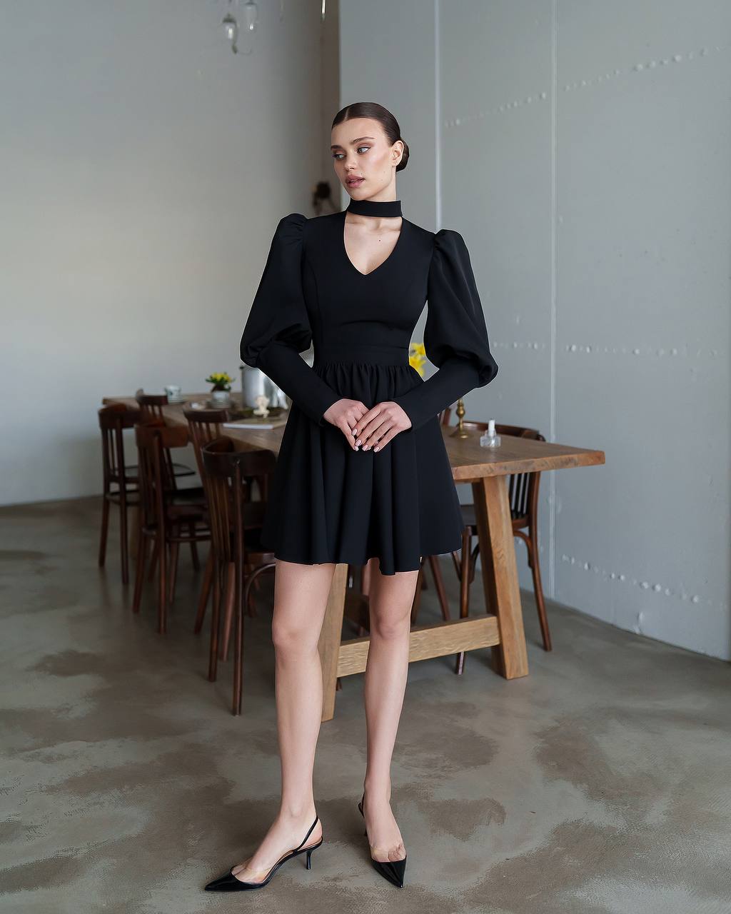 Elegant Black Mini Dress with Full Skirt and Puff Sleeves
