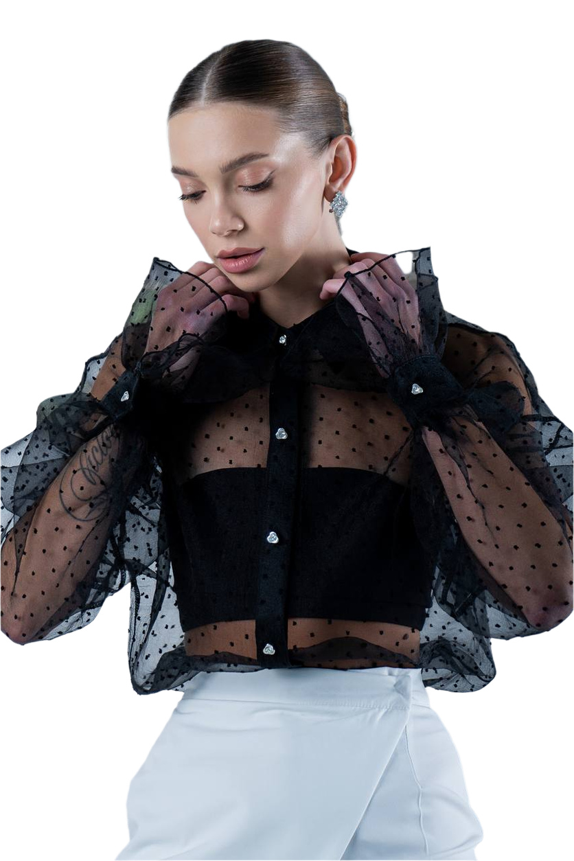 Black Organza Sheer Polka Dot Shirt for Women