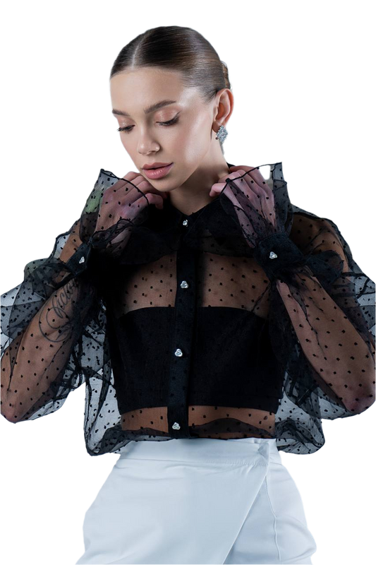 Black Organza Sheer Polka Dot Shirt for Women