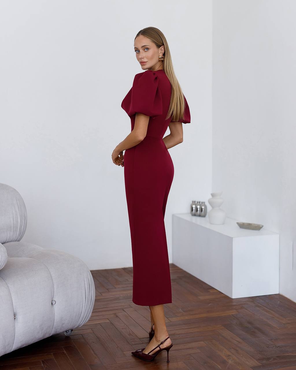 Elegant Burgundy Midi Dress with Puff Sleeves for Women