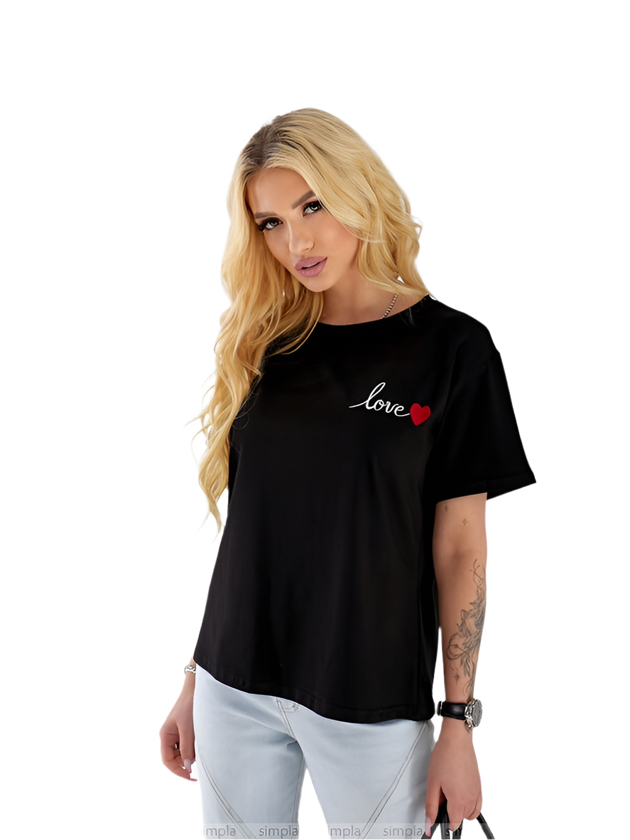 Black Womens T-Shirt with Cherry Embroidery Love Heart