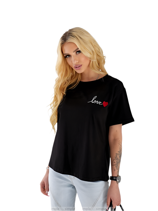 Woman wearing a black t-shirt with 'love' and a heart design on a white background