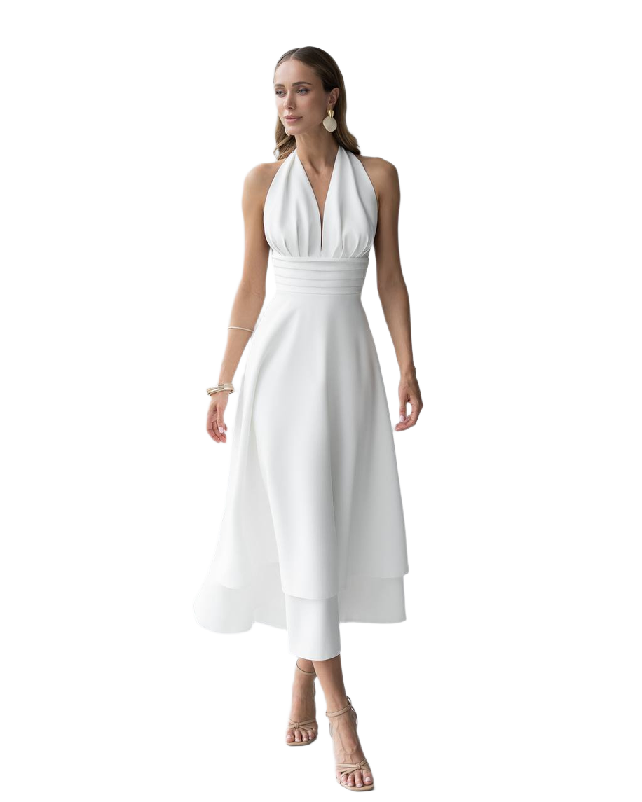 Elegant White Halter Neck Premium Crepe Dress for Women