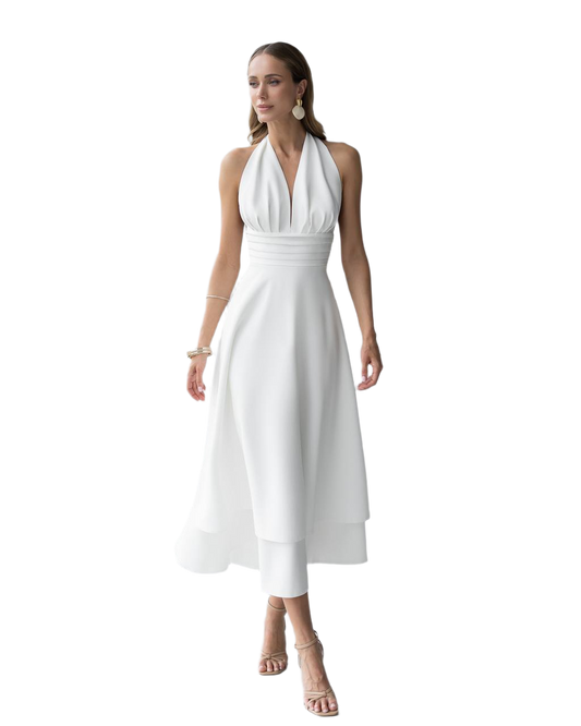 Elegant White Halter Neck Premium Crepe Dress for Women