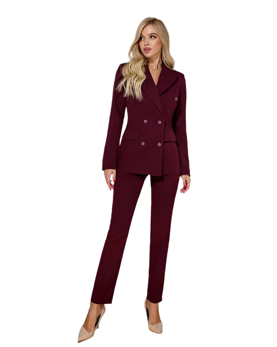 Womens Burgundy Double Breasted Blazer Suit with Lined Trousers
