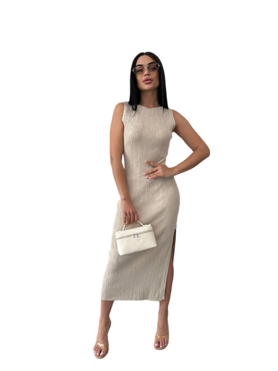 Sleeveless Beige Textured Midi Dress with Side Slit for Women