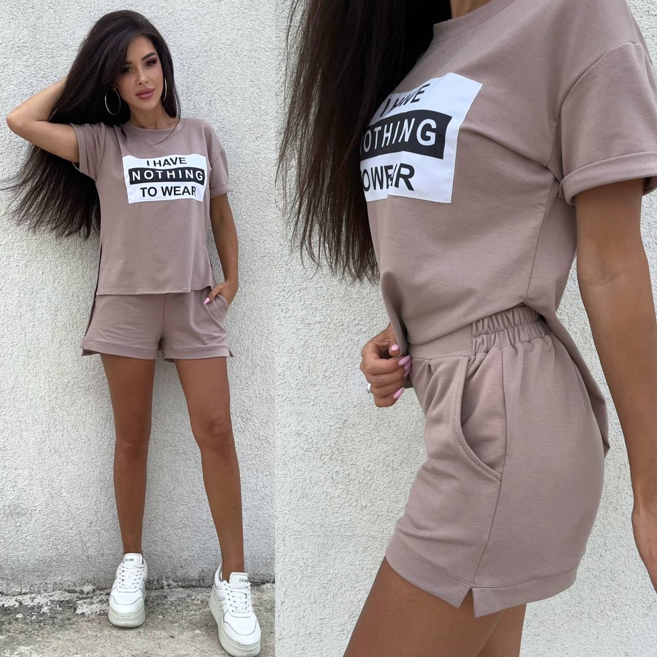 Woman wearing a matching outfit with text on a plain background