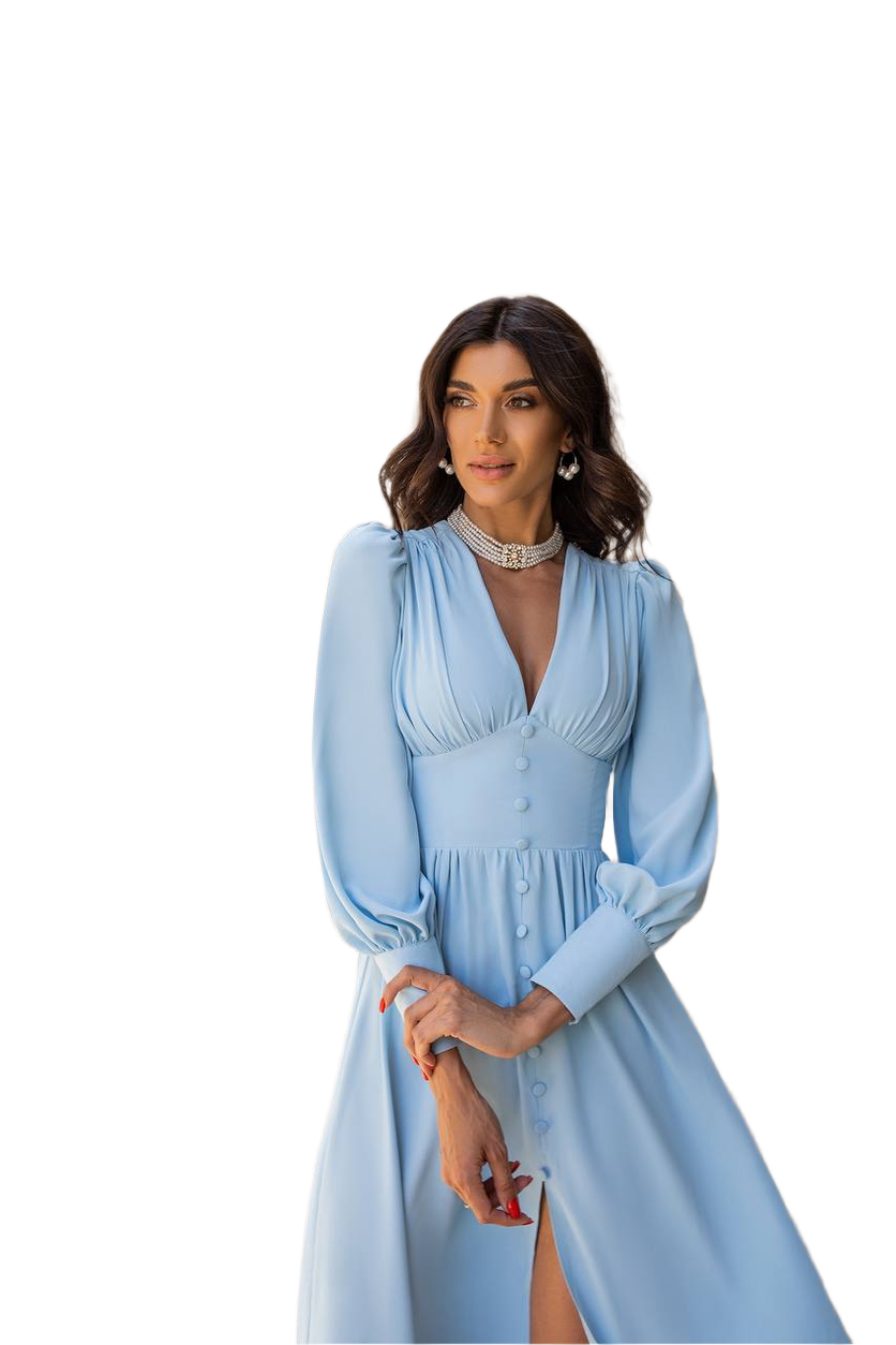 Woman wearing a light blue dress on a white background