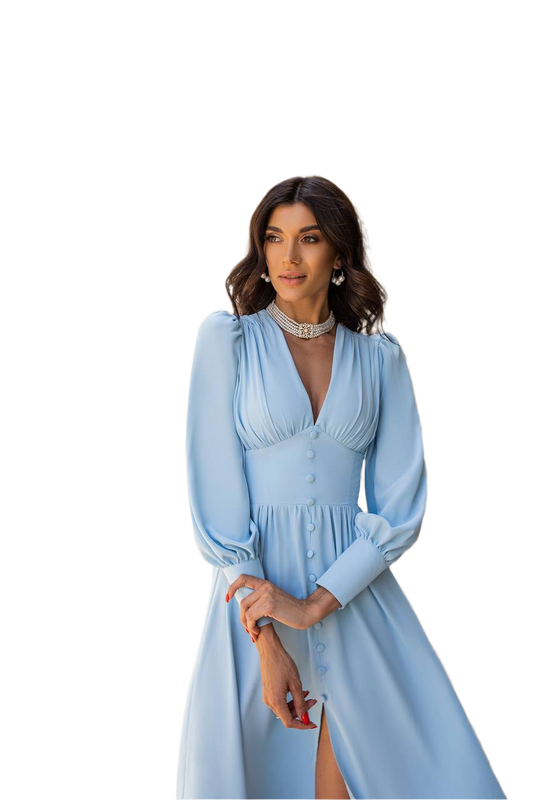 Woman wearing a light blue dress on a white background