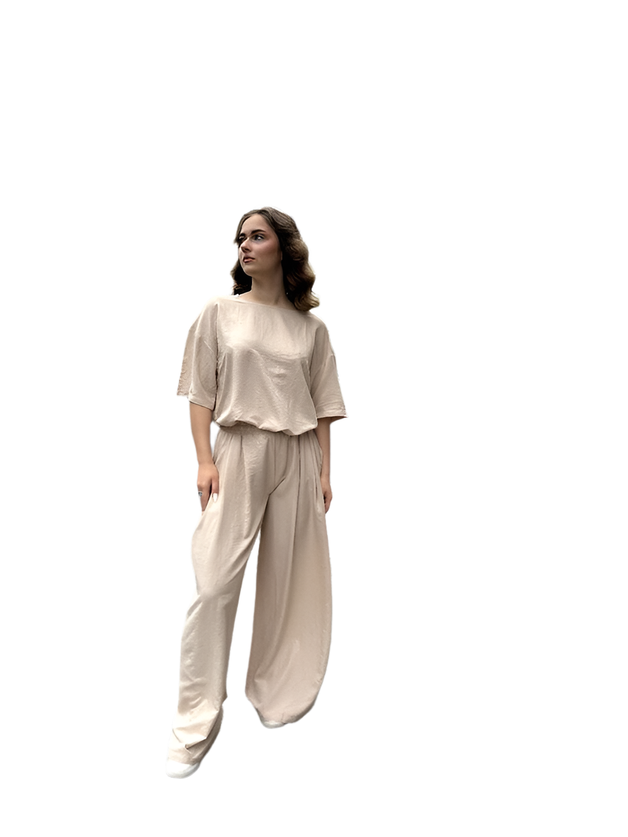 Stylish Beige Women's Two-Piece Suit Wide Culottes and Loose Fit Top