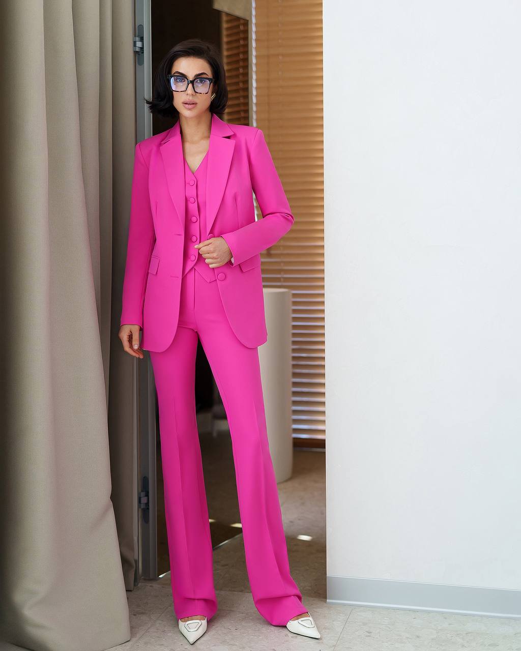 Womens Three Piece Suit with Vest in Vibrant Pink Diagonal Crepe