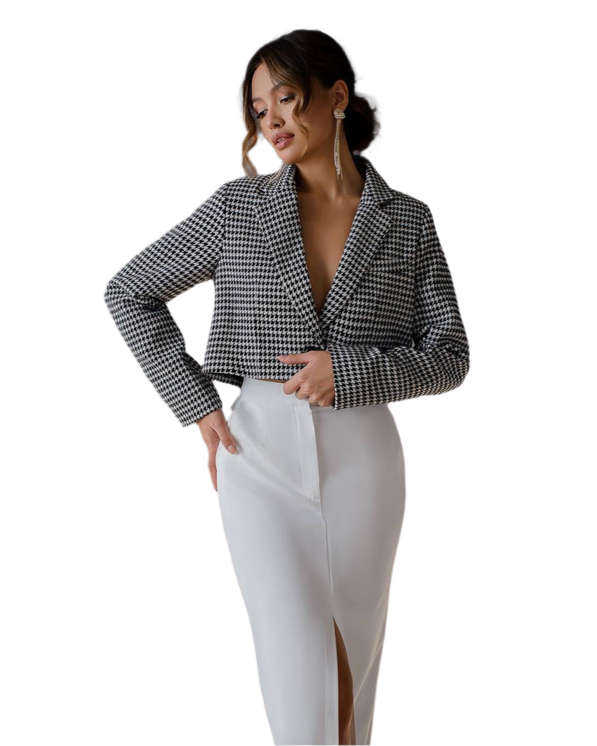 Womens Premium Houndstooth Blazer Cropped Suit Jacket