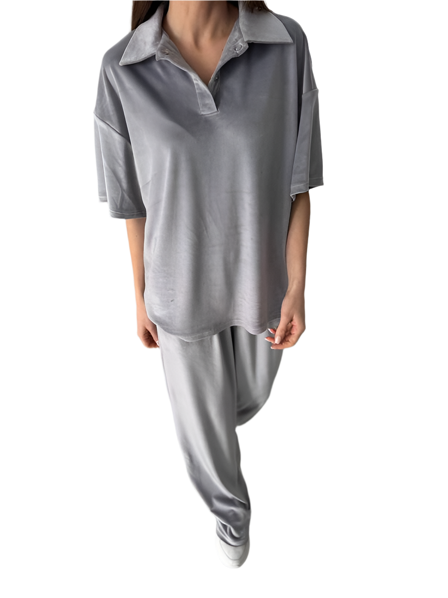 Stylish Gray Velour Two-Piece Casual Suit