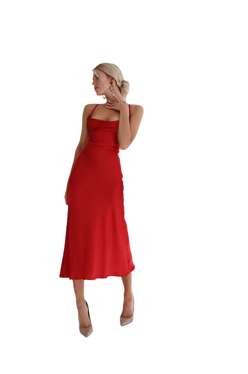 Silk Combination Dress for Women Red Midi Length