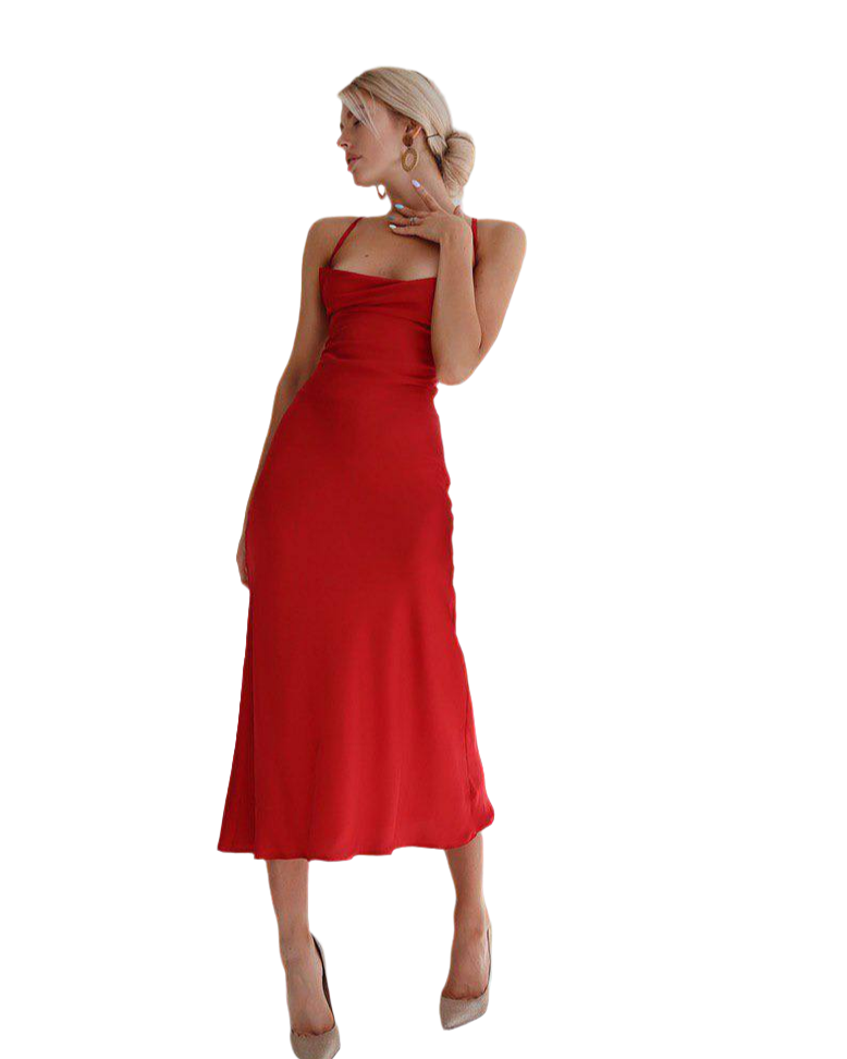 Silk Combination Dress for Women Red Midi Length