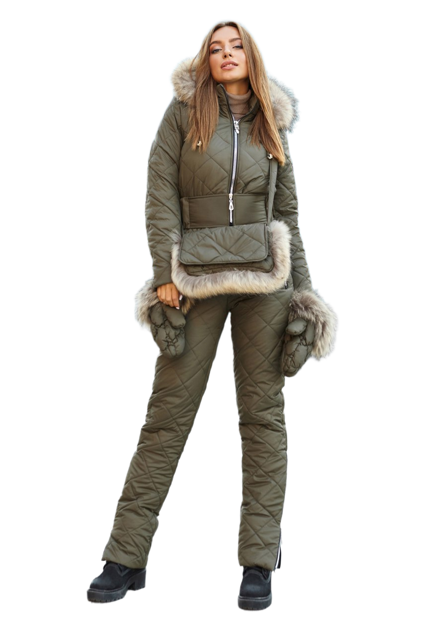 Winter Women's Ski Jumpsuit with Natural Raccoon Fur and Siliconized Insulation