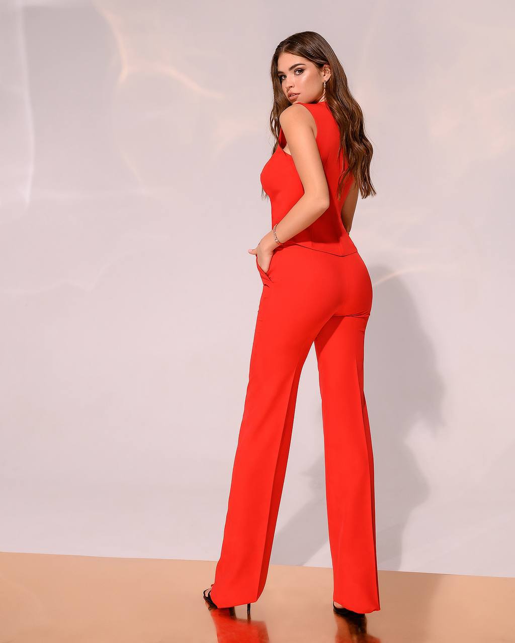 Womens Red Sleeveless Vest Premium Diagonal Suit Crepe