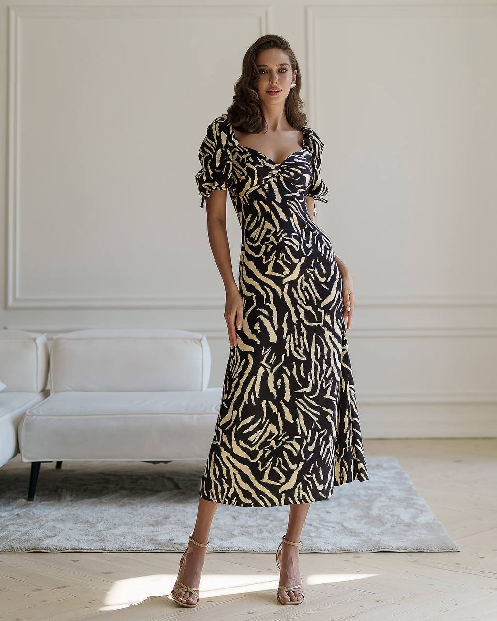 Elegant Printed Silk Midi Dress for Women