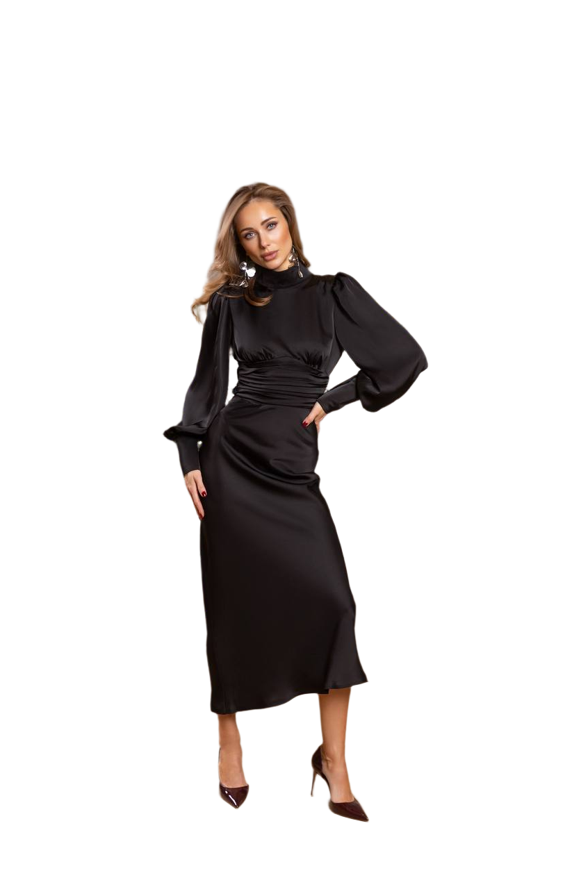 Woman wearing a black dress on a white background