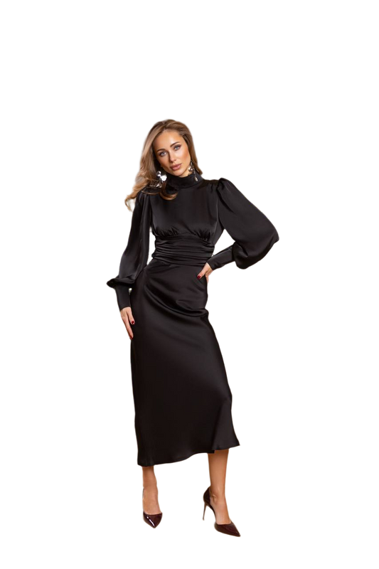 Woman wearing a black dress on a white background