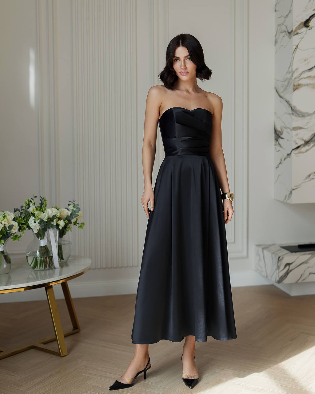 Women's Premium Dense Satin Strapless Midi Dress
