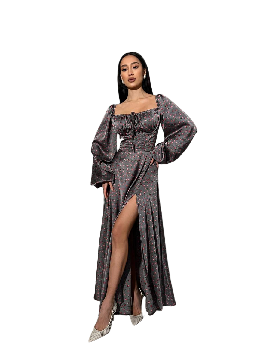 Asti Lux Silk Dress for Women Long Length with Puff Sleeves and Side Slit