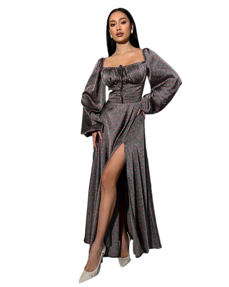 Asti Lux Silk Dress for Women Long Length with Puff Sleeves and Side Slit