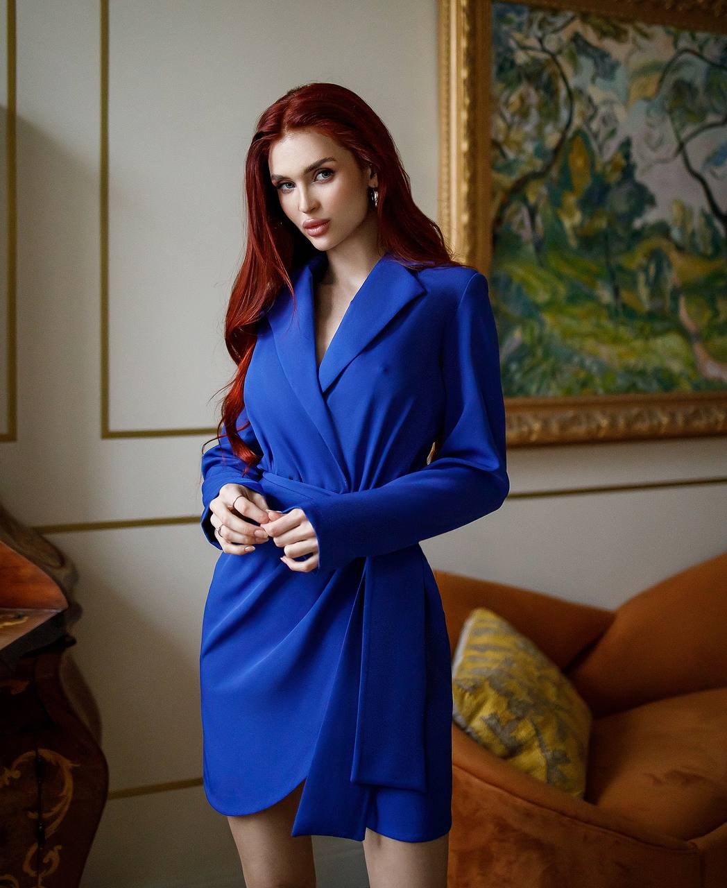 Elegant Women Suit Dress in Blue Premium Crepe Diagonal Fabric