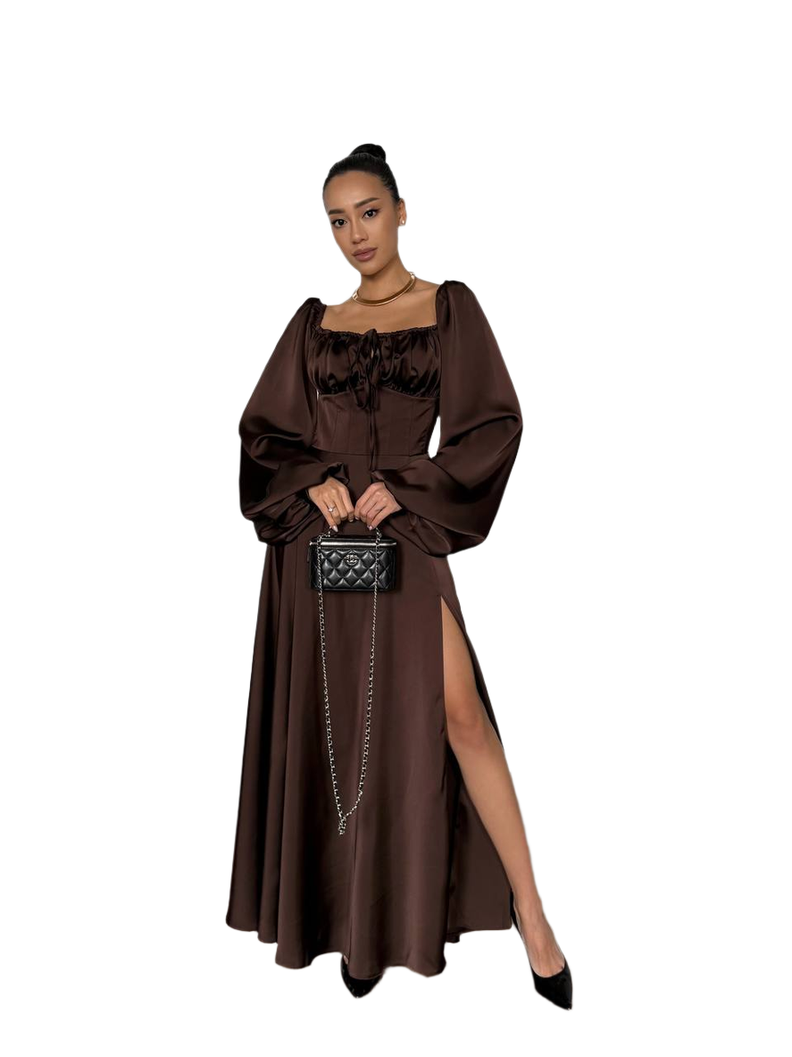 Asti Satin Maxi Dress for Women with Long Puff Sleeves and Side Slit