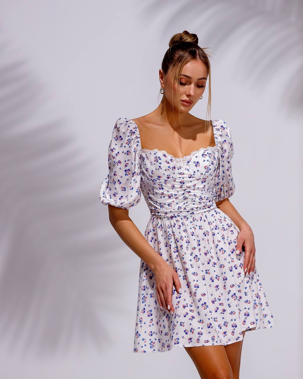 Floral Print Off Shoulder Dress in Milk Lavender and Blue