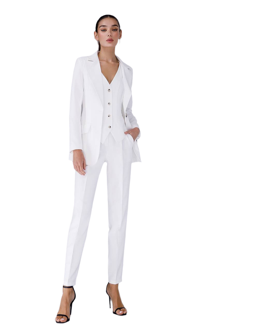 White Elegant Three-Piece Women's Suit - Tailored Blazer Lined Vest and Slim Fit Pants for Business Office Formal and Special Occasions