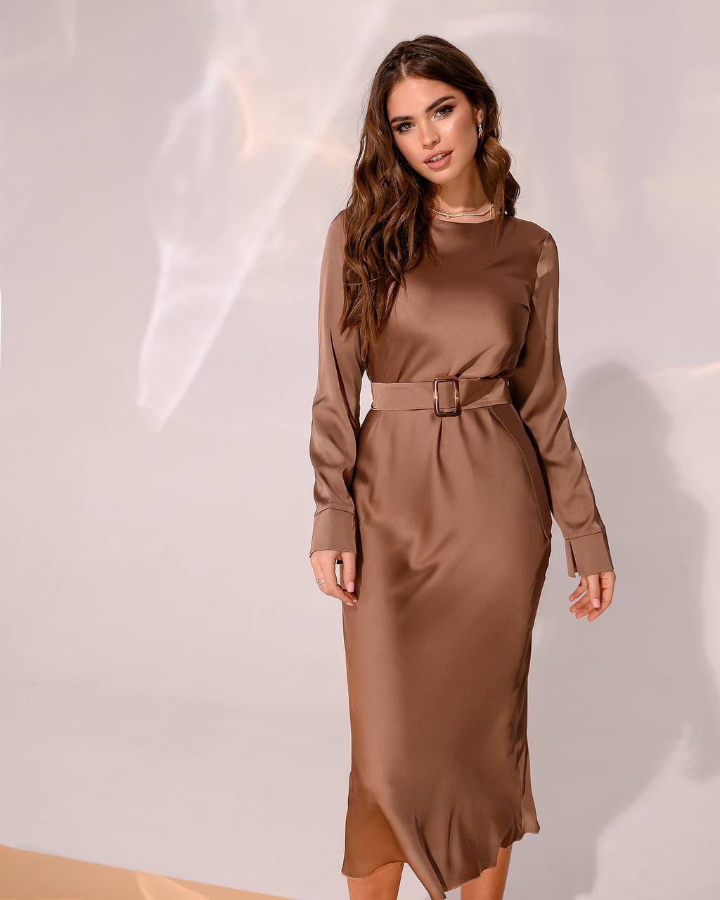 Elegant Silk Dress with Belt and Long Sleeves for Women