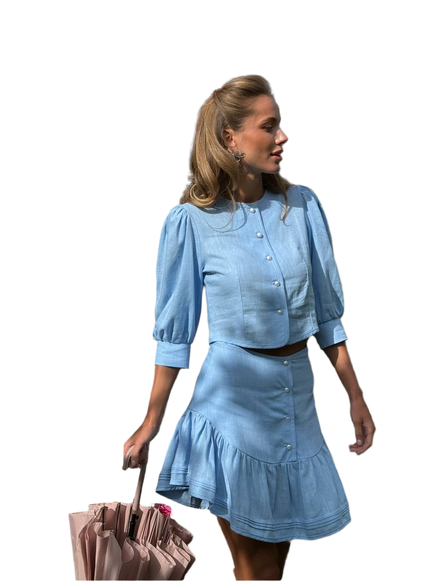 Women Lika Linen Suit Light Blue Crop Shirt and Ruffle Skirt